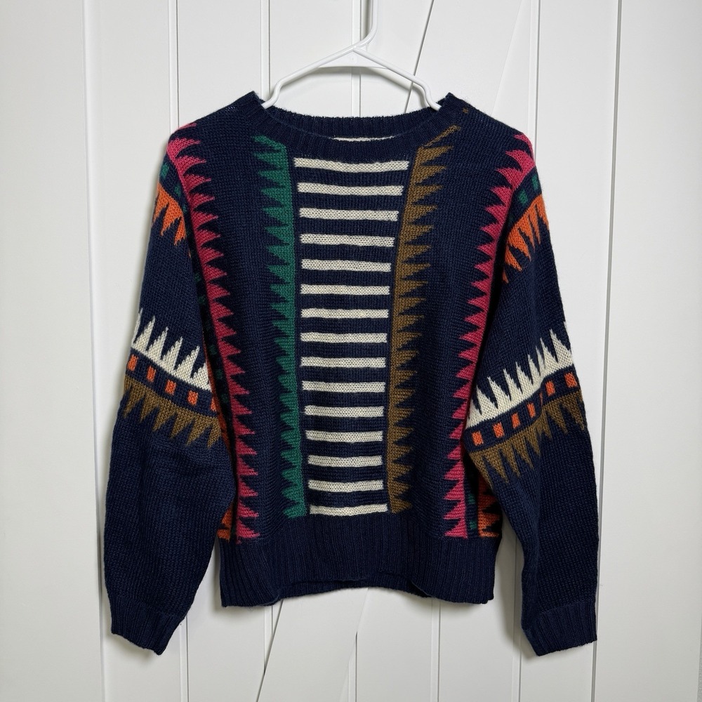 Vintage navy blue crewneck sweater Forever 21 Geometric Stripe Size Medium Women
